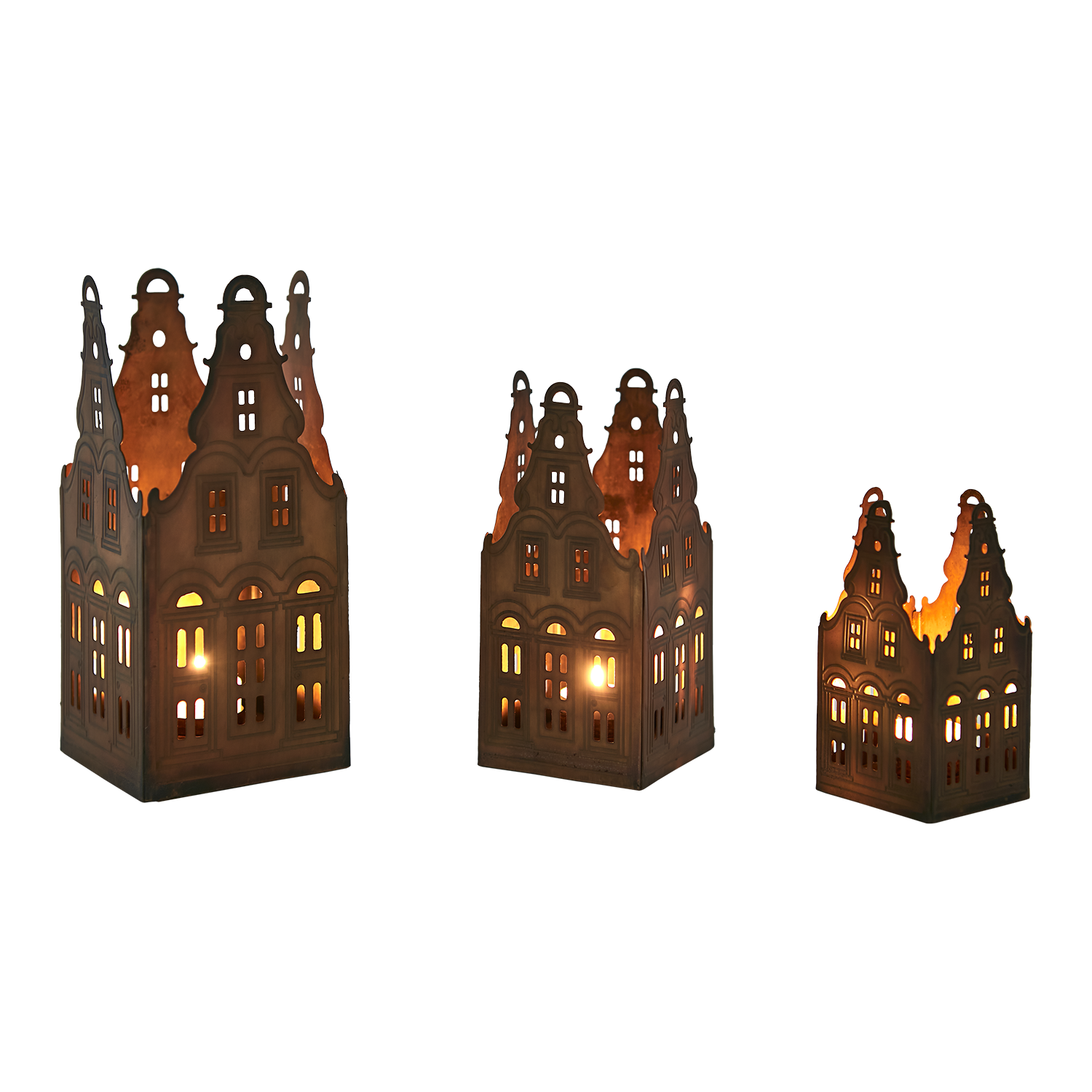 Affari of Sweden VILLAGE Ljuslykta hus, set om 3, Mässingsfärgad
