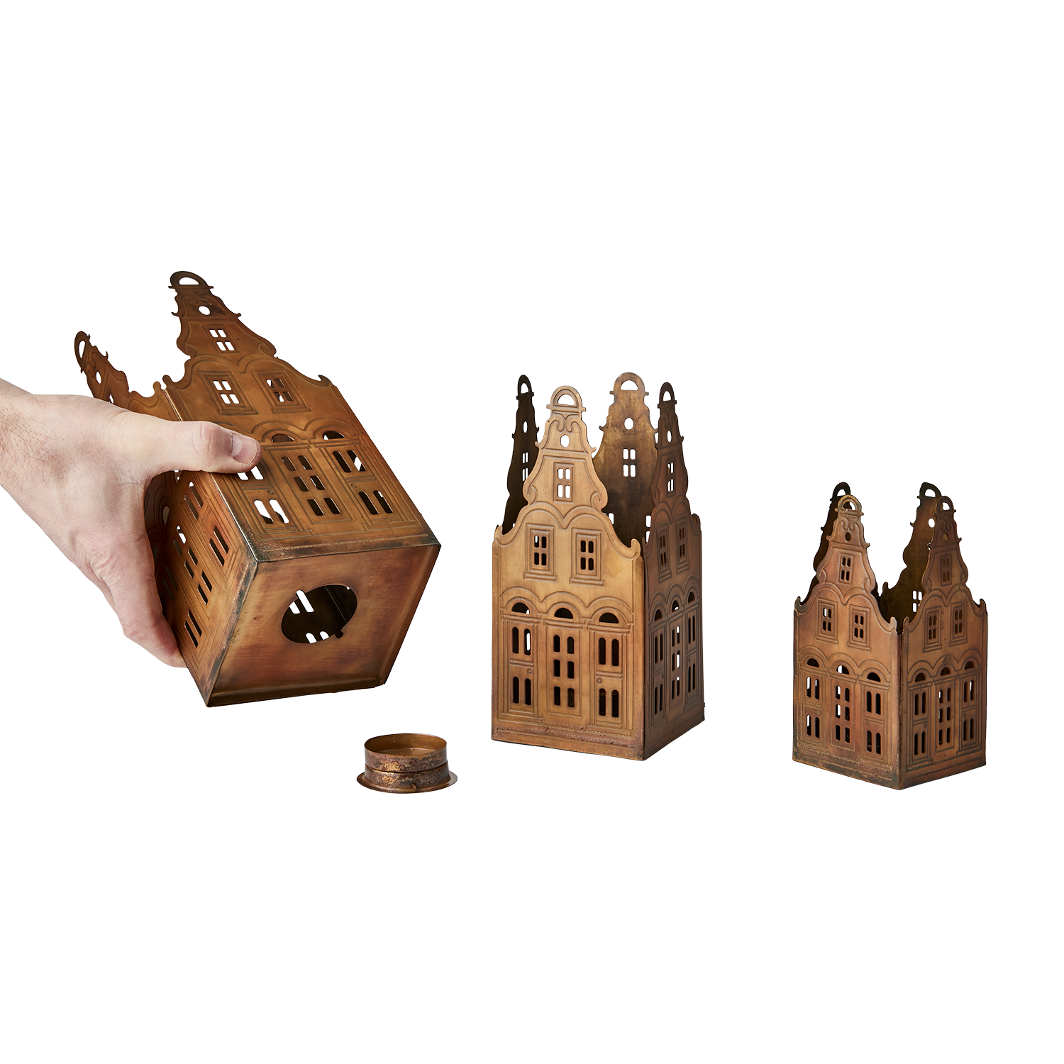 Affari of Sweden VILLAGE Ljuslykta hus, set om 3, Mässingsfärgad