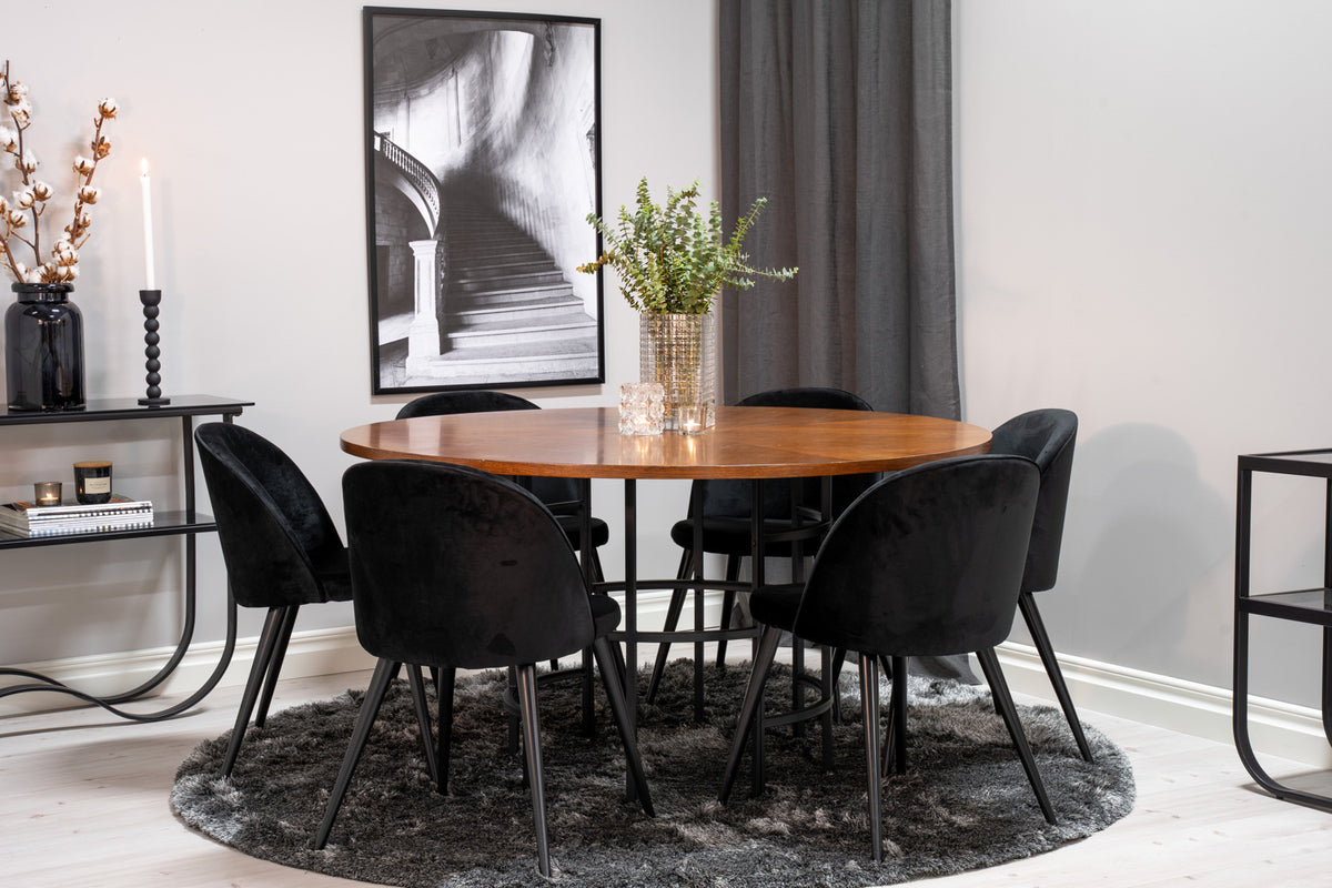 Venture Design Copenhagen & Velvet Matbord ⌀140 + Matstolar Svart