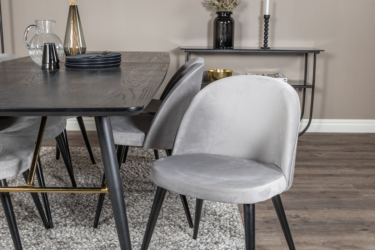 Venture Design Gold & Velvet Rektangulära Matbord 180 x 85 Svart + Matstolar 2-pack Grå