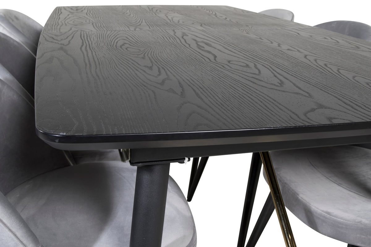 Venture Design Gold & Velvet Rektangulära Matbord 180 x 85 Svart + Matstolar 2-pack Grå