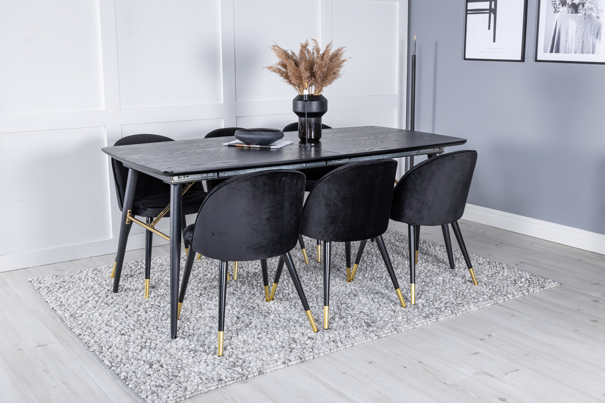 Venture Design Gold & Velvet Rektangulära Matbord 180 x 85 Svart + Matstolar 2-pack Svart