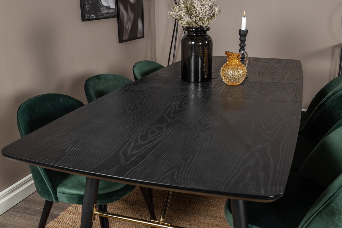 Venture Design Gold & Velvet Rektangulära Matbord 180 x 85 Svart + Matstolar 2-pack Grön