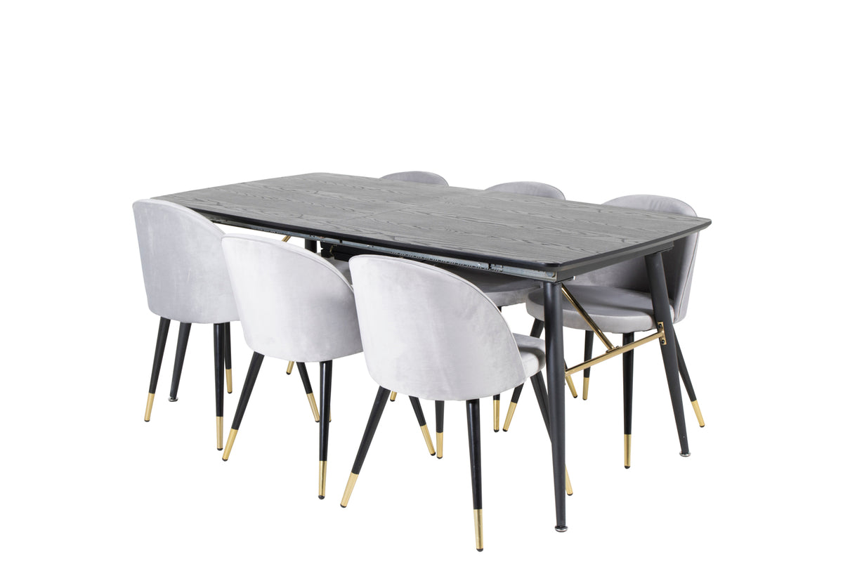 Venture Design Gold & Velvet Rektangulära Matbord 180 x 85 Svart + Matstolar 2-pack Grå