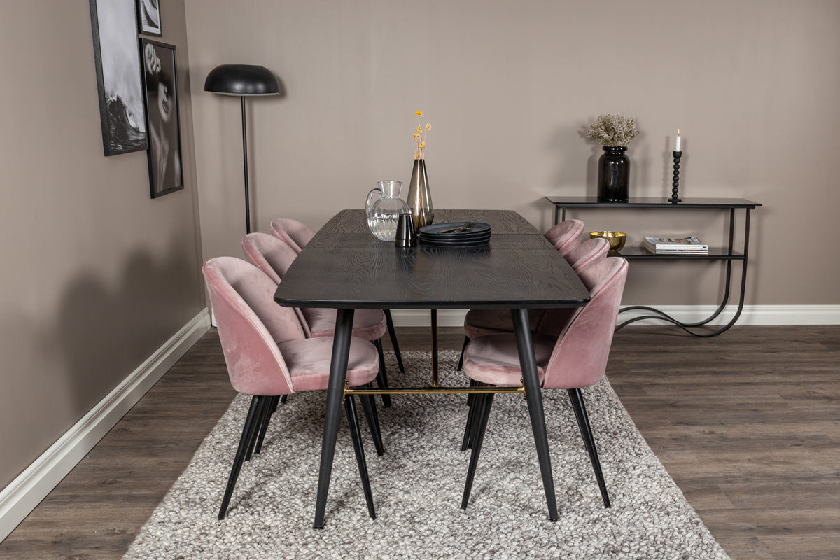 Venture Design Gold & Velvet Rektangulära Matbord 180 x 85 Svart + Matstolar 2-pack Gammelrosa