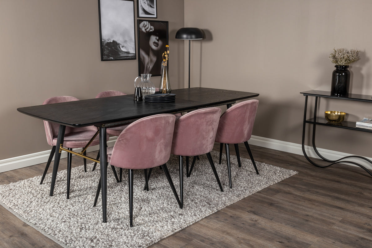 Venture Design Gold & Velvet Rektangulära Matbord 180 x 85 Svart + Matstolar 2-pack Gammelrosa