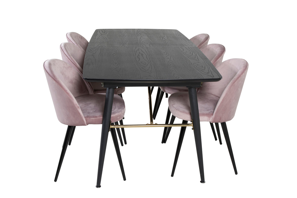 Venture Design Gold & Velvet Rektangulära Matbord 180 x 85 Svart + Matstolar 2-pack Gammelrosa