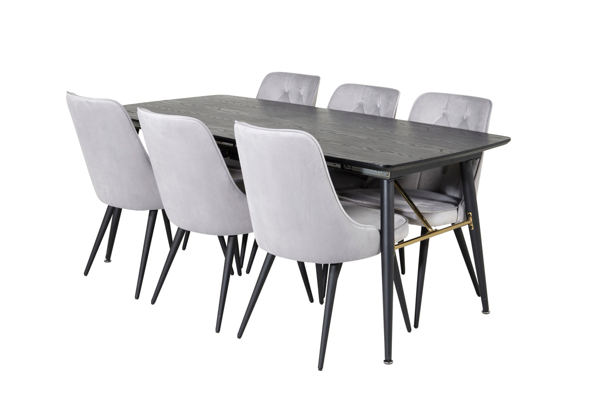 Venture Design Gold & Velvet Deluxe Rektangulära Matbord 180 x 85 Svart + Matstolar 2-pack Ljusgrå