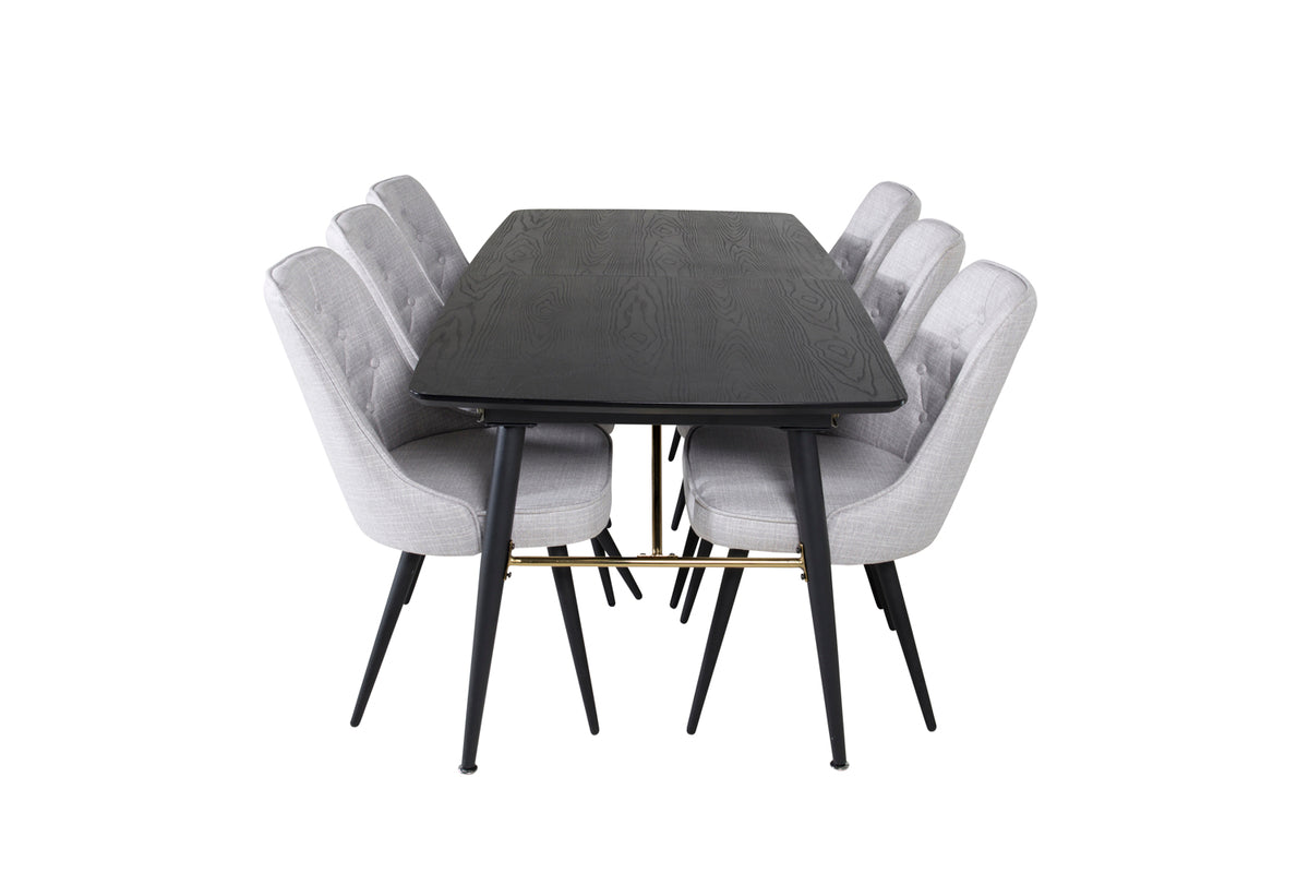Venture Design Gold & Velvet Deluxe Rektangulära Matbord 180 x 85 Svart + Matstolar 2-pack Grå