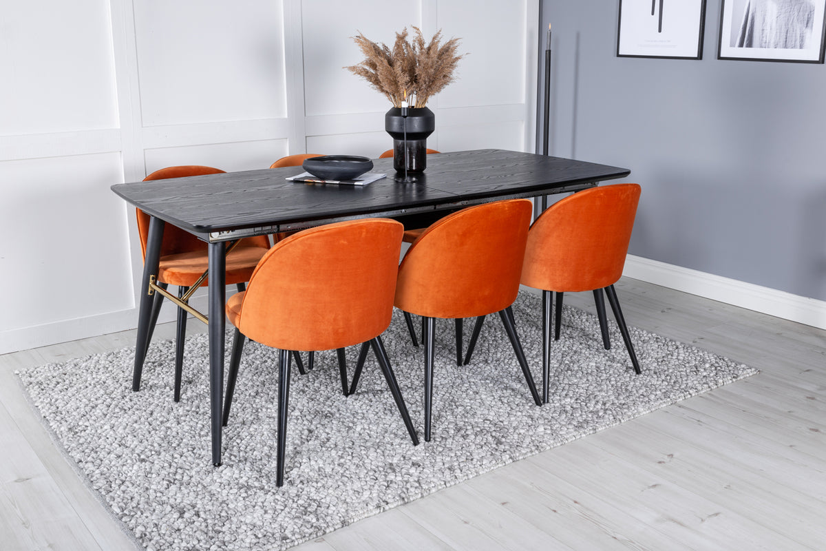 Venture Design Gold & Velvet Rektangulära Matbord 180 x 85 Svart + Matstolar 2-pack Rostig orange