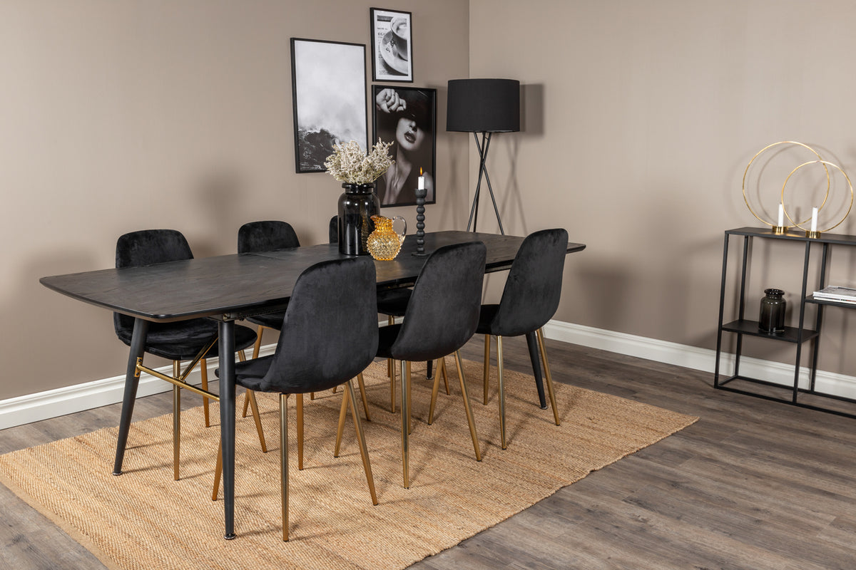 Venture Design Gold & Polar Matbord 85x180 + Matstolar Svart