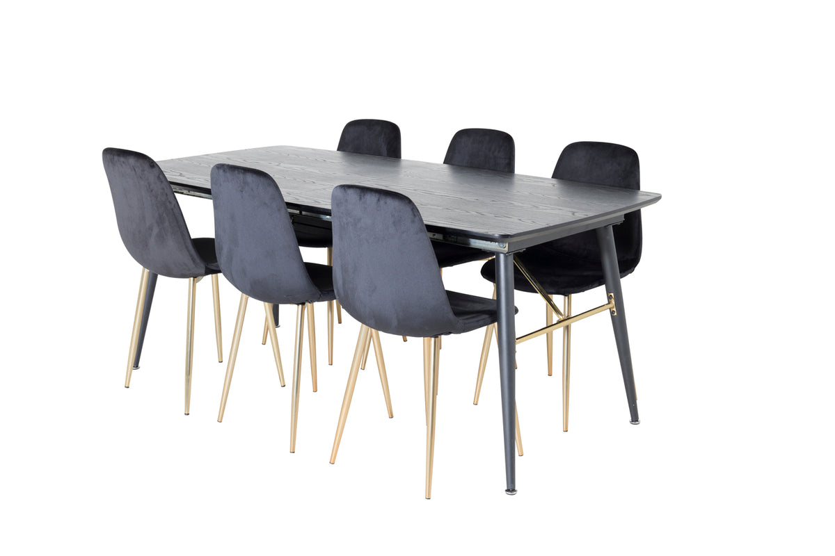Venture Design Gold & Polar Matbord 85x180 + Matstolar Svart