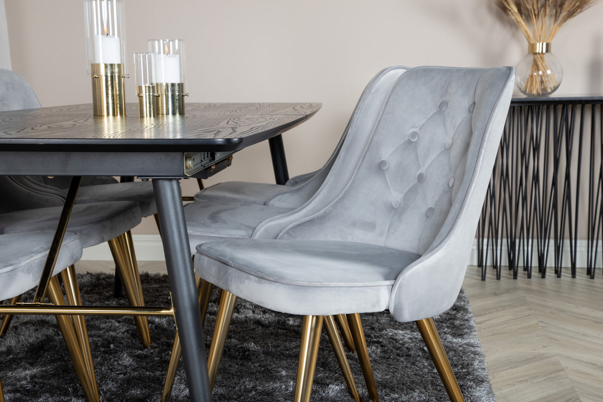 Venture Design Gold & Velvet Deluxe Matbord 85x180 + Matstolar Grå