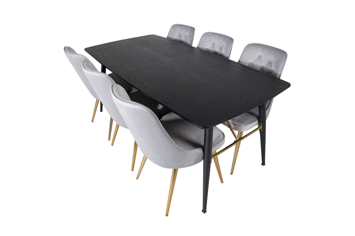 Venture Design Gold & Velvet Deluxe Matbord 85x180 + Matstolar Grå