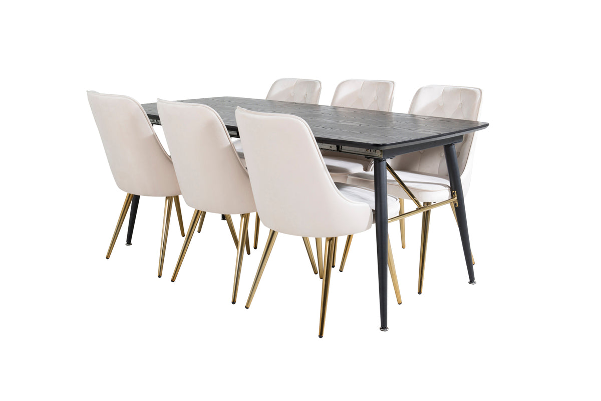 Venture Design Gold & Velvet Deluxe Rektangulära Matbord 180 x 85 Svart + Matstolar 2-pack Beige