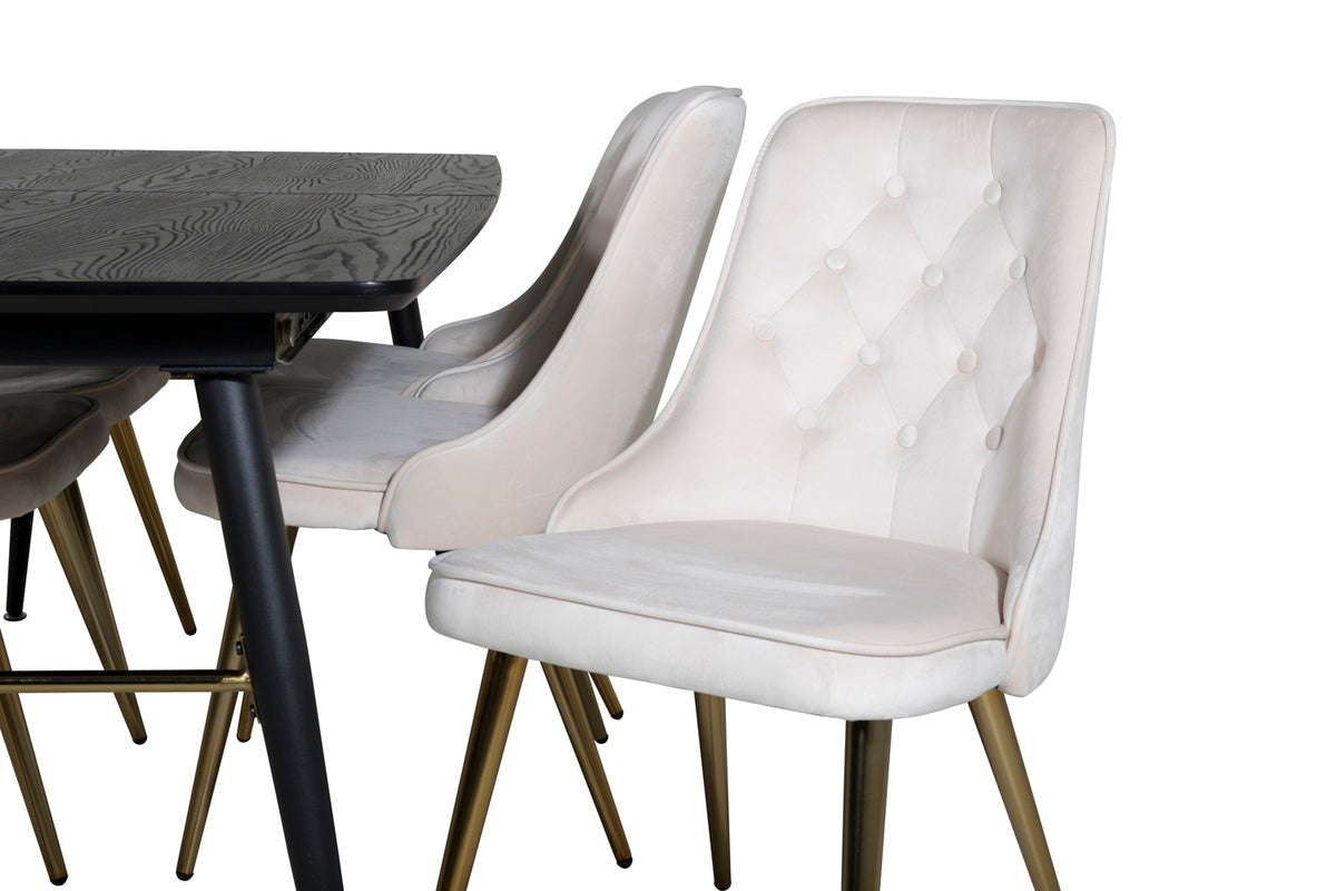Venture Design Gold & Velvet Deluxe Rektangulära Matbord 180 x 85 Svart + Matstolar 2-pack Beige