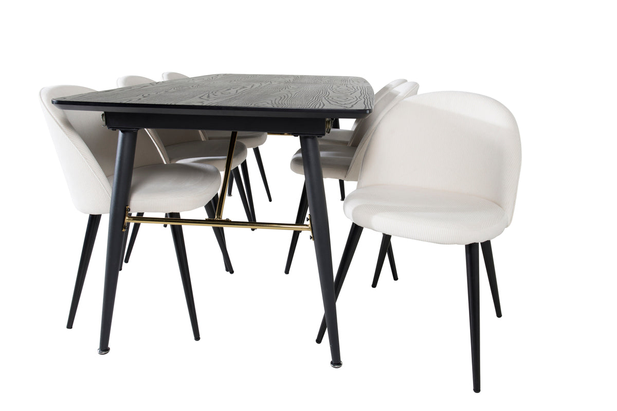 Venture Design Gold & Velvet Matbord 85x180 + Matstolar Vit