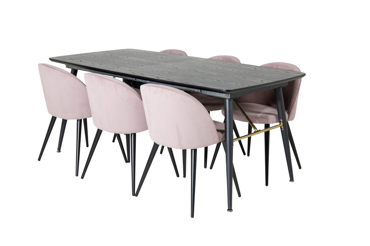 Venture Design Gold & Velvet Rektangulära Matbord 180 x 85 Svart + Matstolar 2-pack Gammelrosa