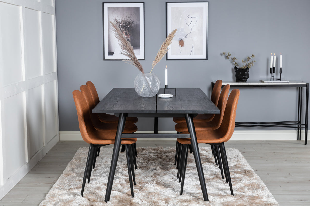 Venture Design Sleek & Polar Rektangulära Matbord 195 x 95 Svart + Matstolar 2-pack Brun
