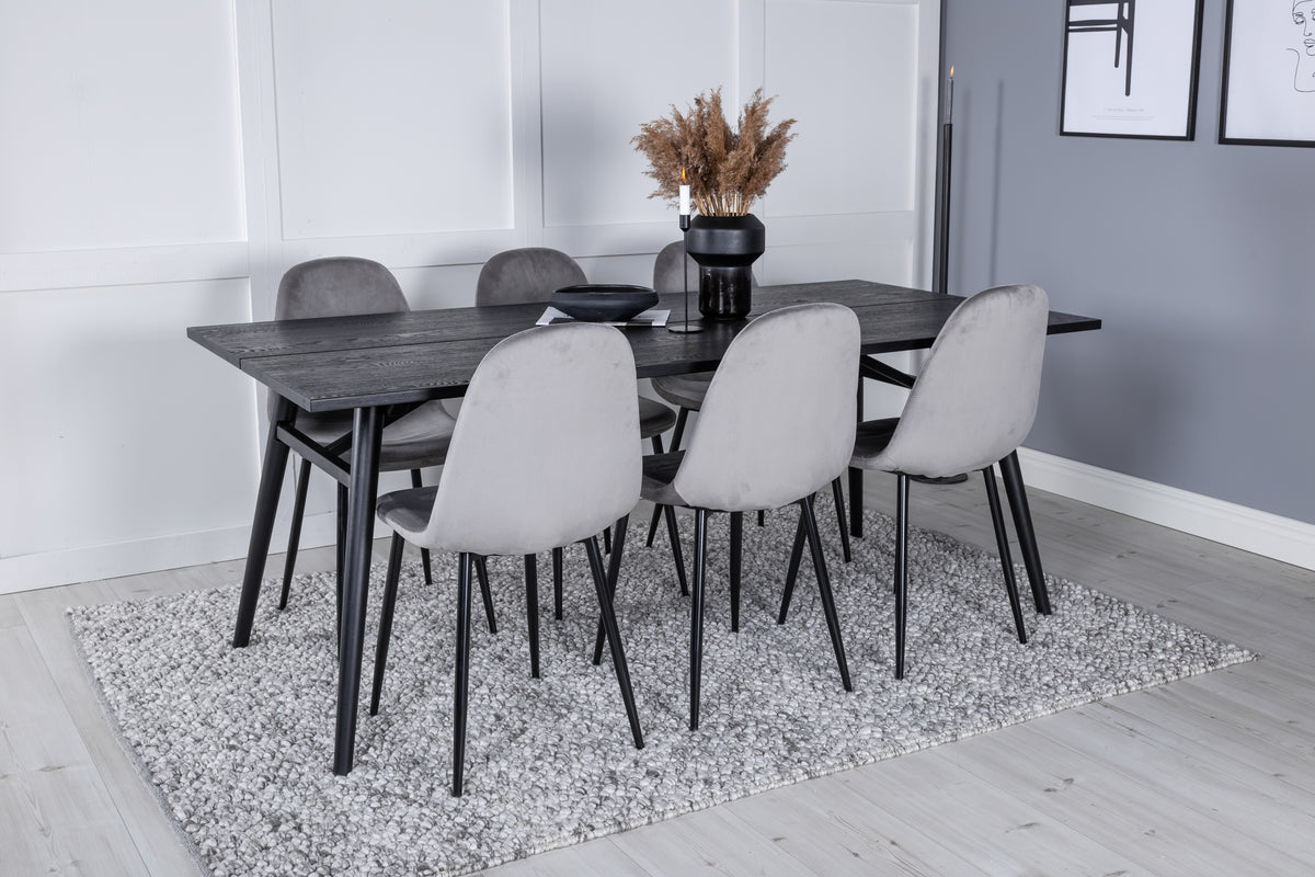 Venture Design Sleek & Polar Rektangulära Matbord 195 x 95 Svart + Matstolar 2-pack Grå