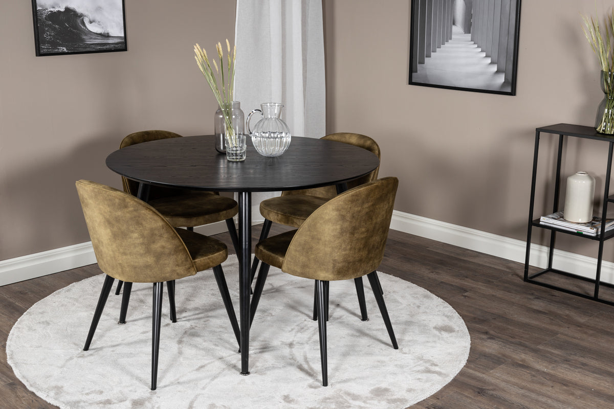Venture Design Dipp & Velvet Runda Matbord ⌀115 Svart + Matstolar 2-pack Grön