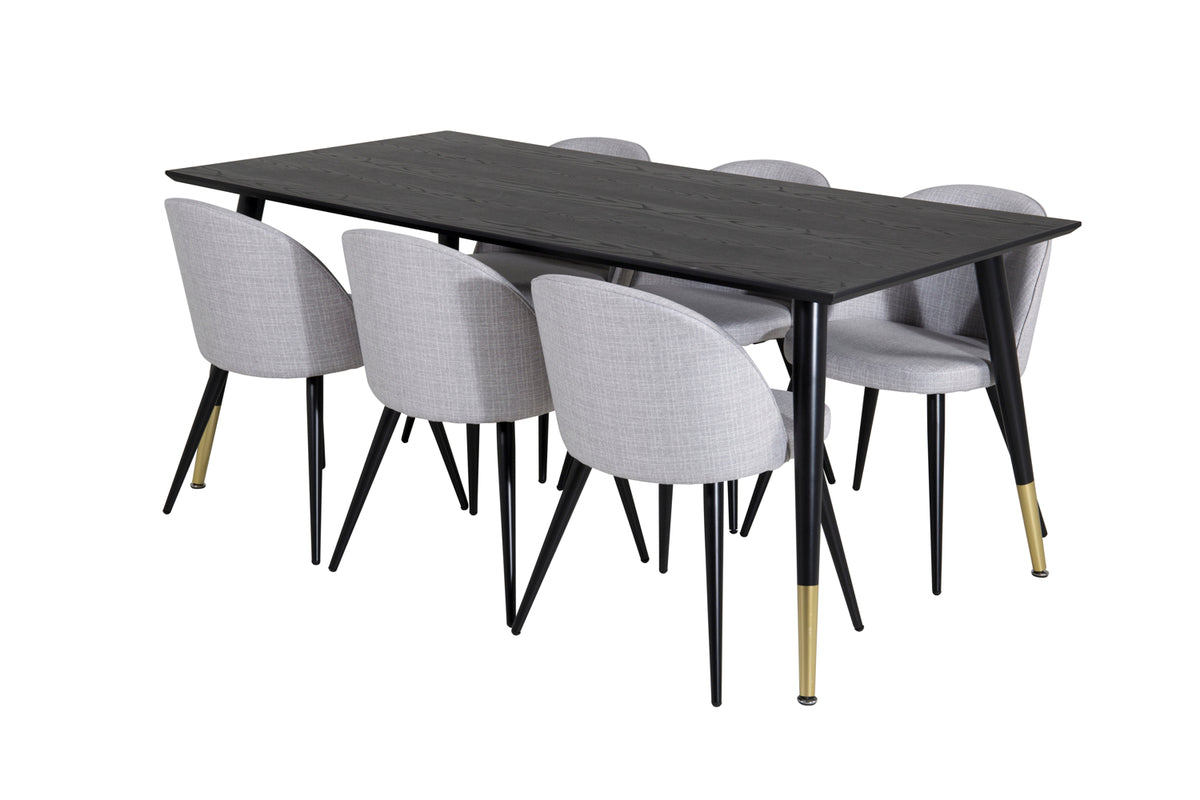 Venture Design Dipp & Velvet Rektangulära Matbord 180 x 90 Svart + Matstolar 2-pack Grå