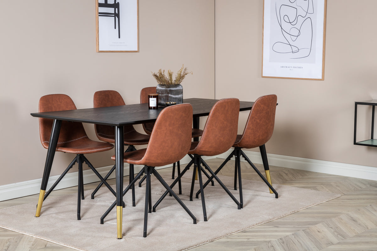 Venture Design Dipp & Polar Rektangulära Matbord 180 x 90 Svart + Matstolar 2-pack Brun