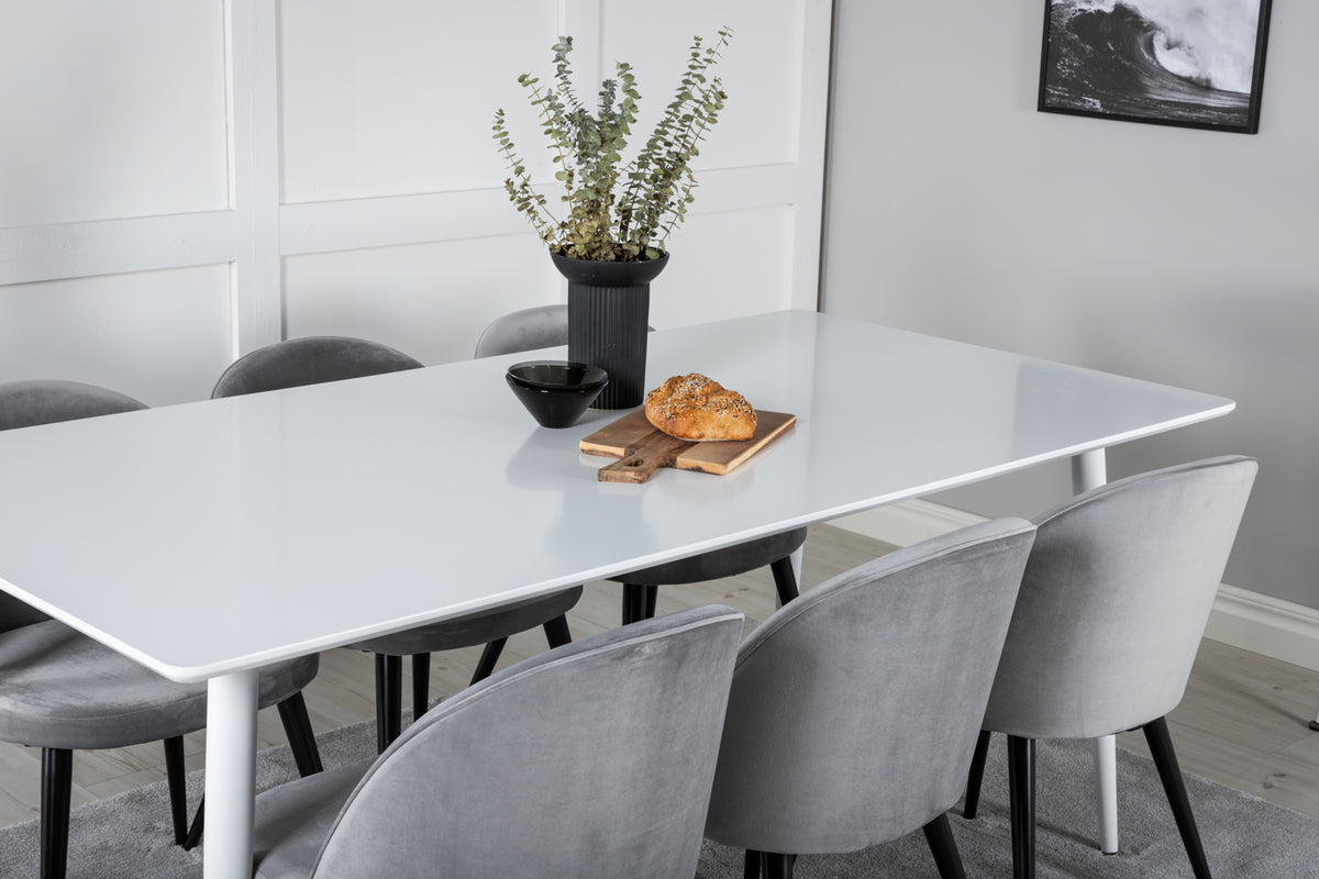 Venture Design Polar & Velvet Rektangulära Matbord 180 x 90 Vit + Matstolar 2-pack Grå