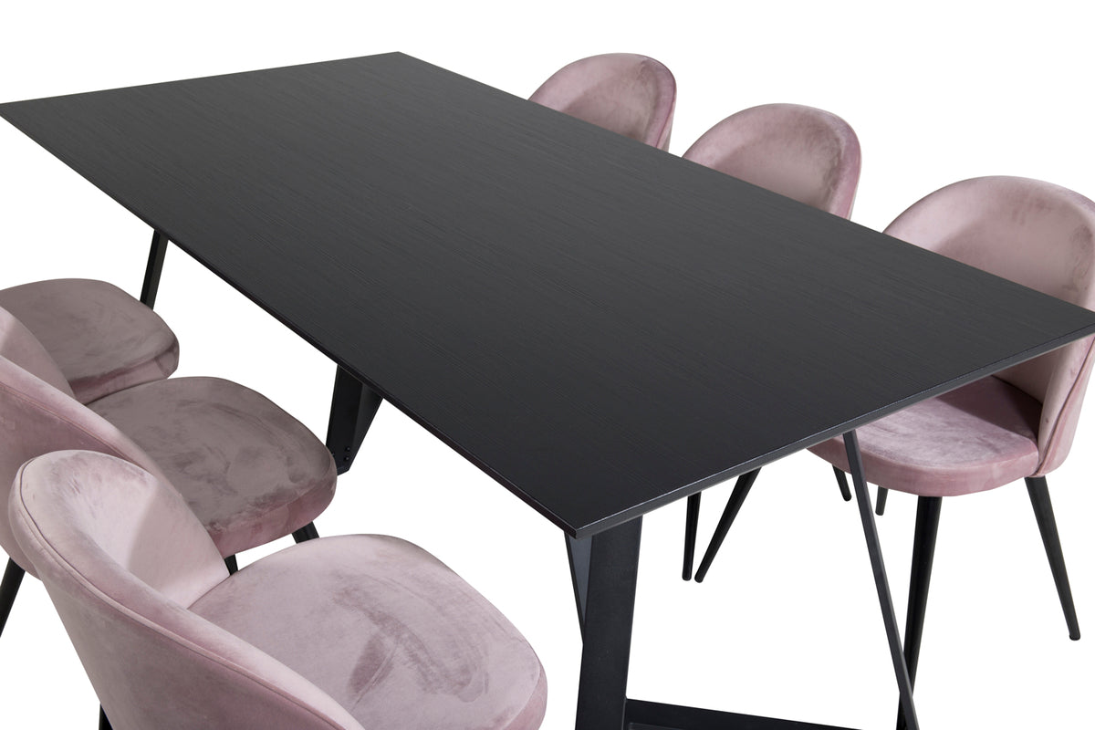Venture Design Velvet & Marina Matstolar 2-pack Gammelrosa + Rektangulära Matbord 180 x 90 Svart
