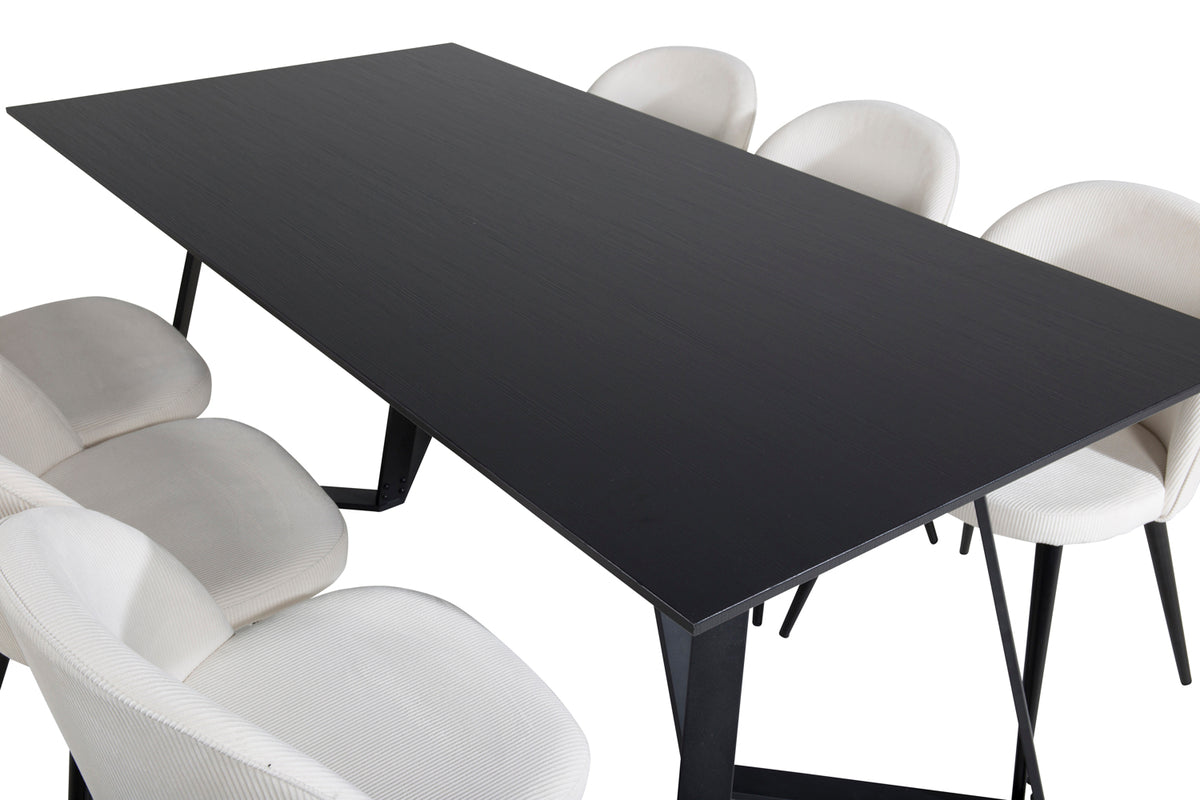 Venture Design Marina & Velvet Rektangulära Matbord 180 x 90 Svart + Matstolar 2-pack Grädde