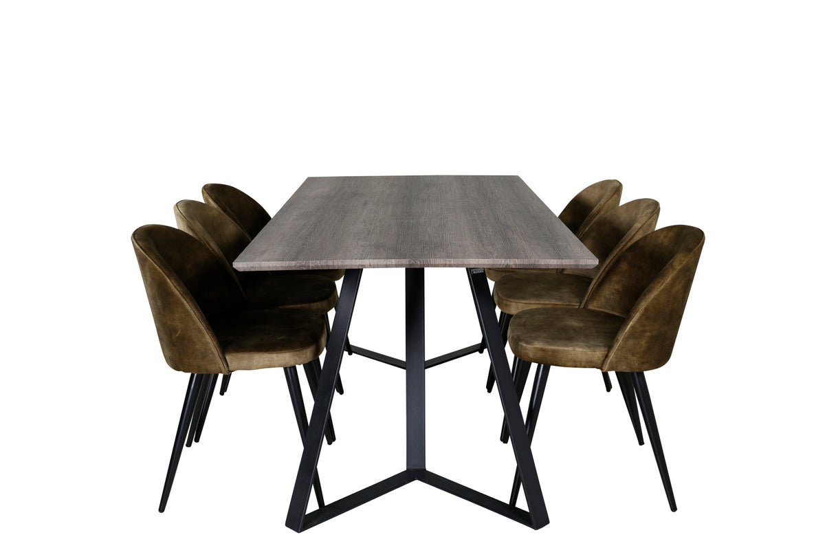 Venture Design Velvet & Marina Matstolar 2-pack Grön + Rektangulära Matbord 180 x 90 Natur