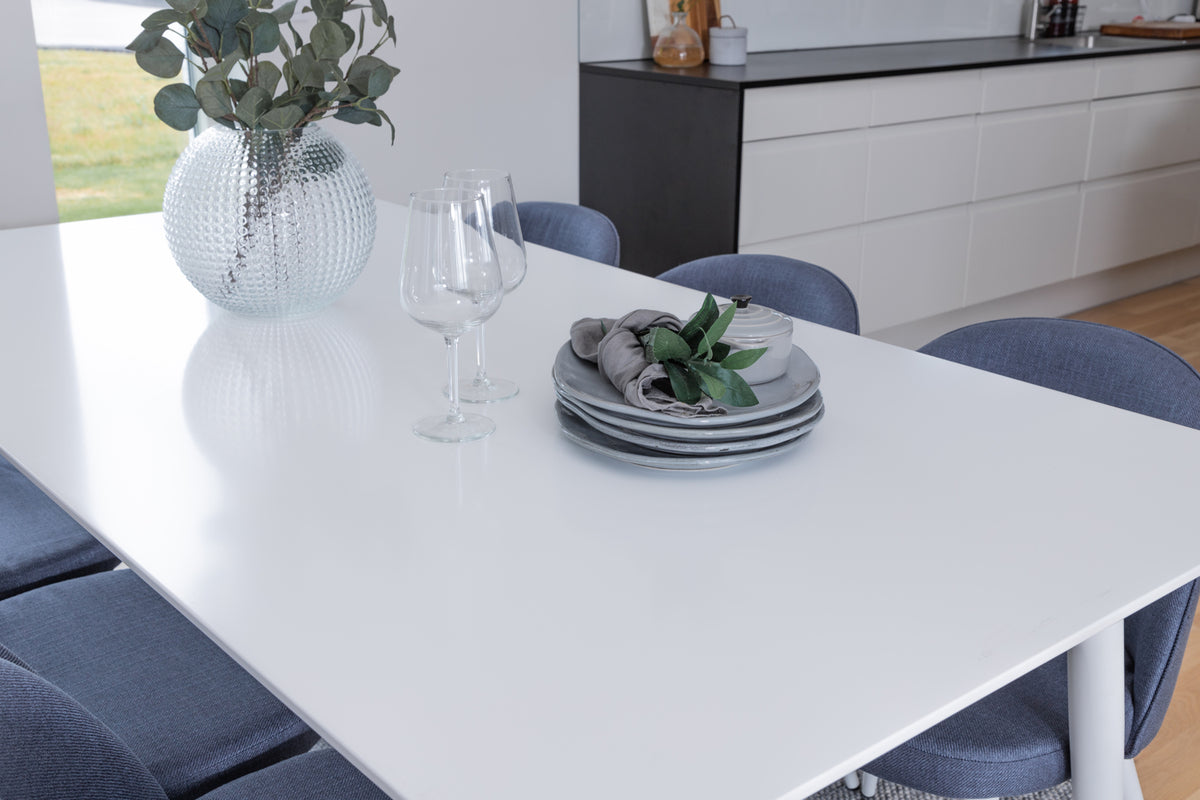 Venture Design Polar & Velvet Rektangulära Matbord 180 x 90 Vit + Matstolar 2-pack Blå