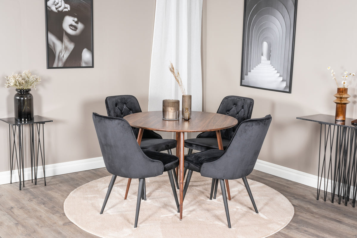 Venture Design Plaza & Velvet Deluxe Runda Matbord ⌀100 Valnöt + Matstolar 2-pack Svart