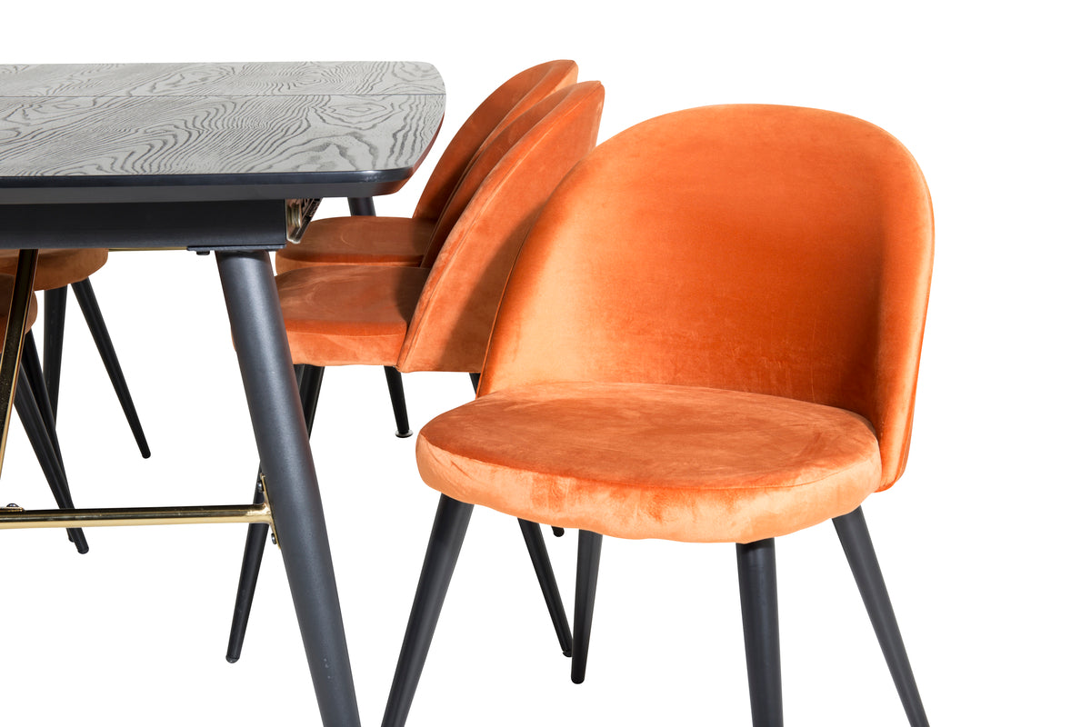 Venture Design Gold & Velvet Matbord 85x180 + Matstolar Rostig orange