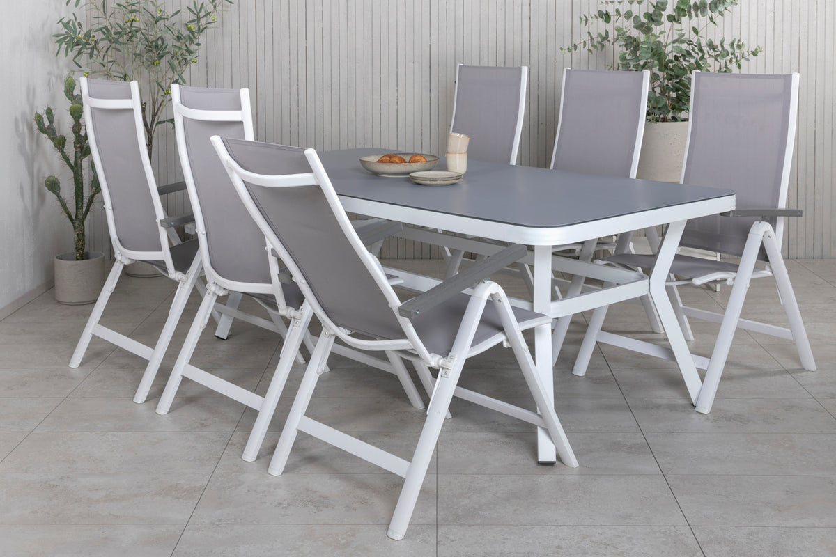 Venture Design Virya & Albany Rektangulära Matbord 74 x 200 x 100 Vit + Positionsstolar 2-pack Grå