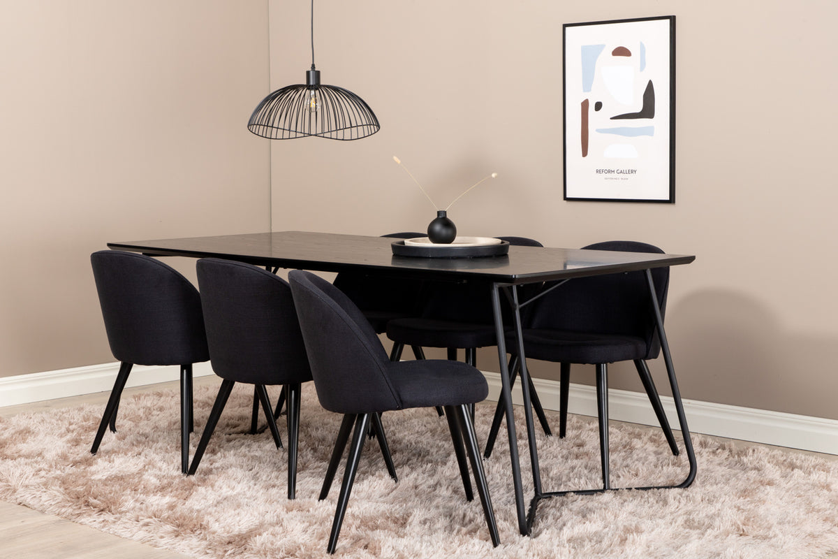 Venture Design Petra & Velvet Rektangulära Matbord 190 x 90 Svart + Matstolar 2-pack Svart