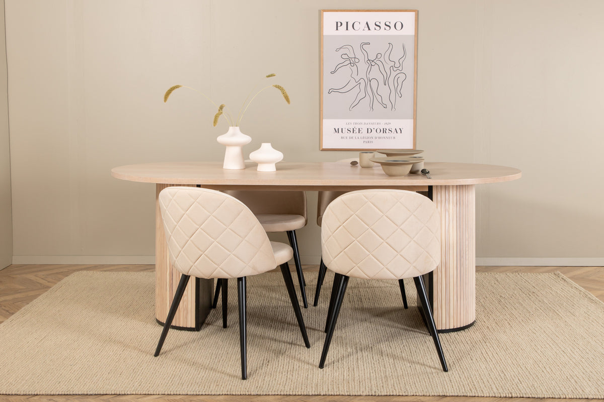Venture Design Bianca & Velvet Ovala Matbord 200 x 90 Vitputsad + Matstolar 2-pack Beige