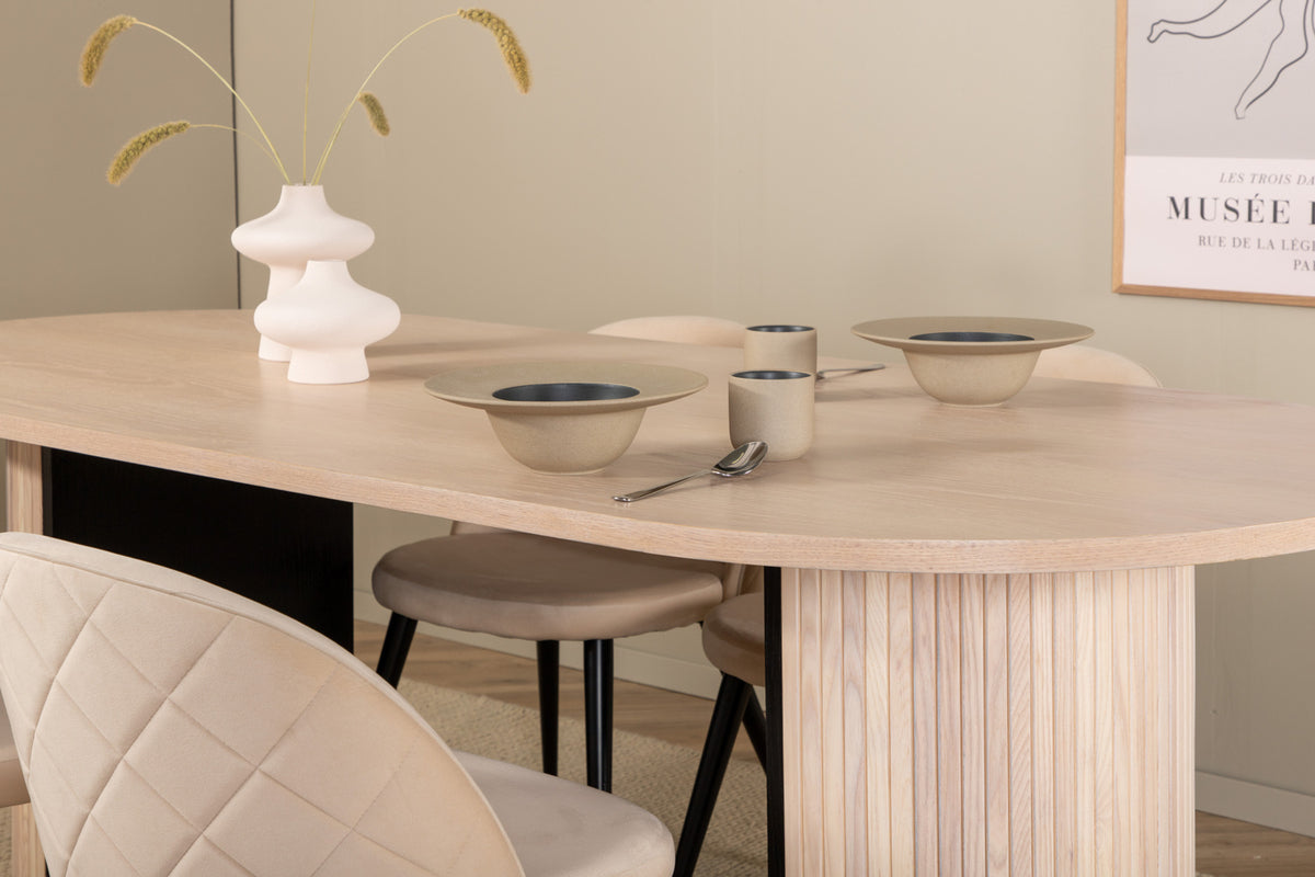 Venture Design Bianca & Velvet Ovala Matbord 200 x 90 Vitputsad + Matstolar 2-pack Beige