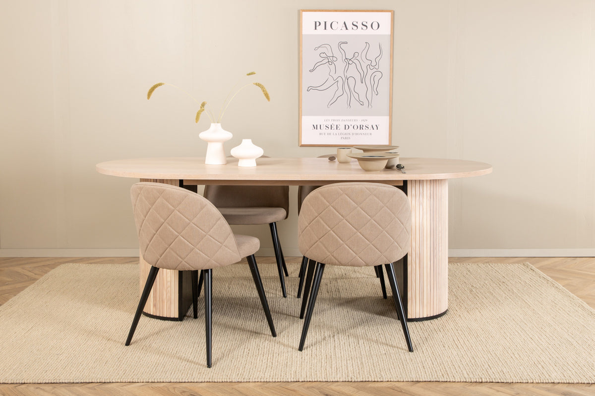 Venture Design Bianca & Velvet Ovala Matbord 200 x 90 Vitputsad + Matstolar 2-pack Beige