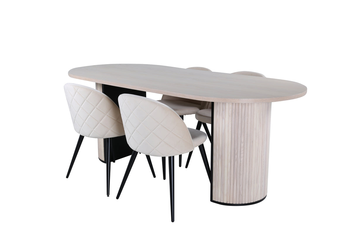 Venture Design Bianca & Velvet Ovala Matbord 200 x 90 Vitputsad + Matstolar 2-pack Beige