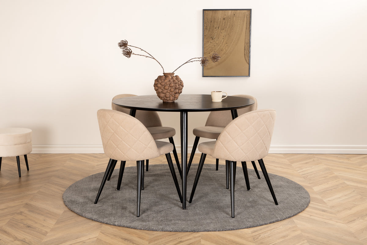 Venture Design Dipp & Velvet Runda Matbord ⌀115 Svart + Matstolar 2-pack Beige