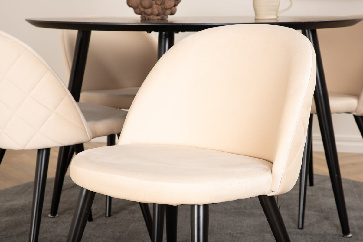 Venture Design Dipp & Velvet Runda Matbord ⌀115 Svart + Matstolar 2-pack Beige