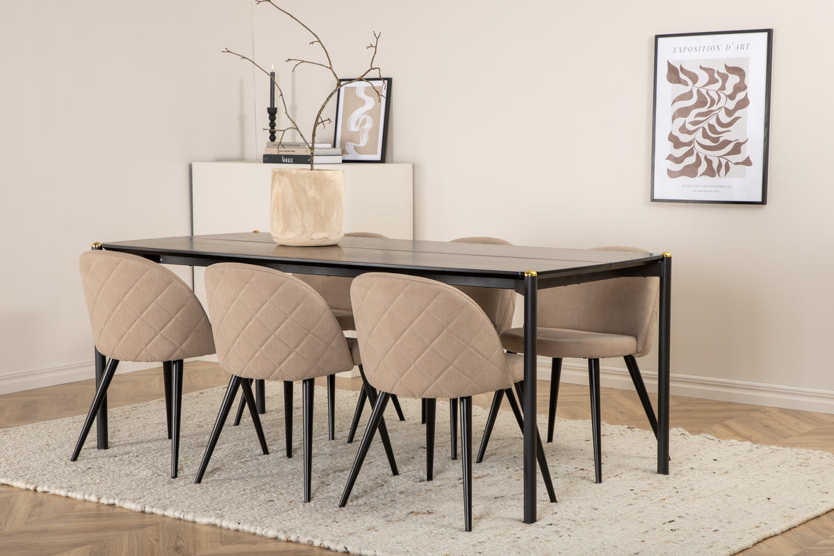 Venture Design Pelle & Velvet Rektangulära Matbord 190 x 90 Svart + Matstolar 2-pack Beige