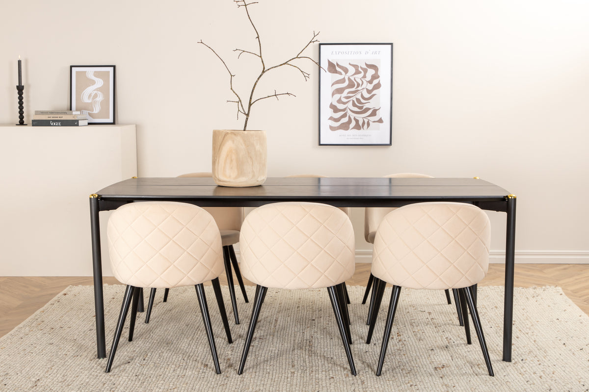 Venture Design Pelle & Velvet Rektangulära Matbord 190 x 90 Svart + Matstolar 2-pack Beige
