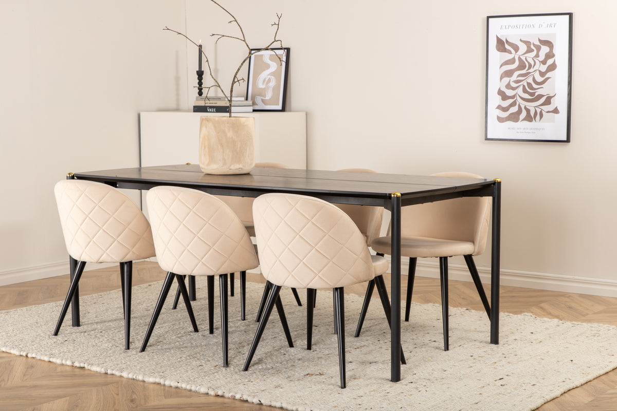 Venture Design Pelle & Velvet Rektangulära Matbord 190 x 90 Svart + Matstolar 2-pack Beige