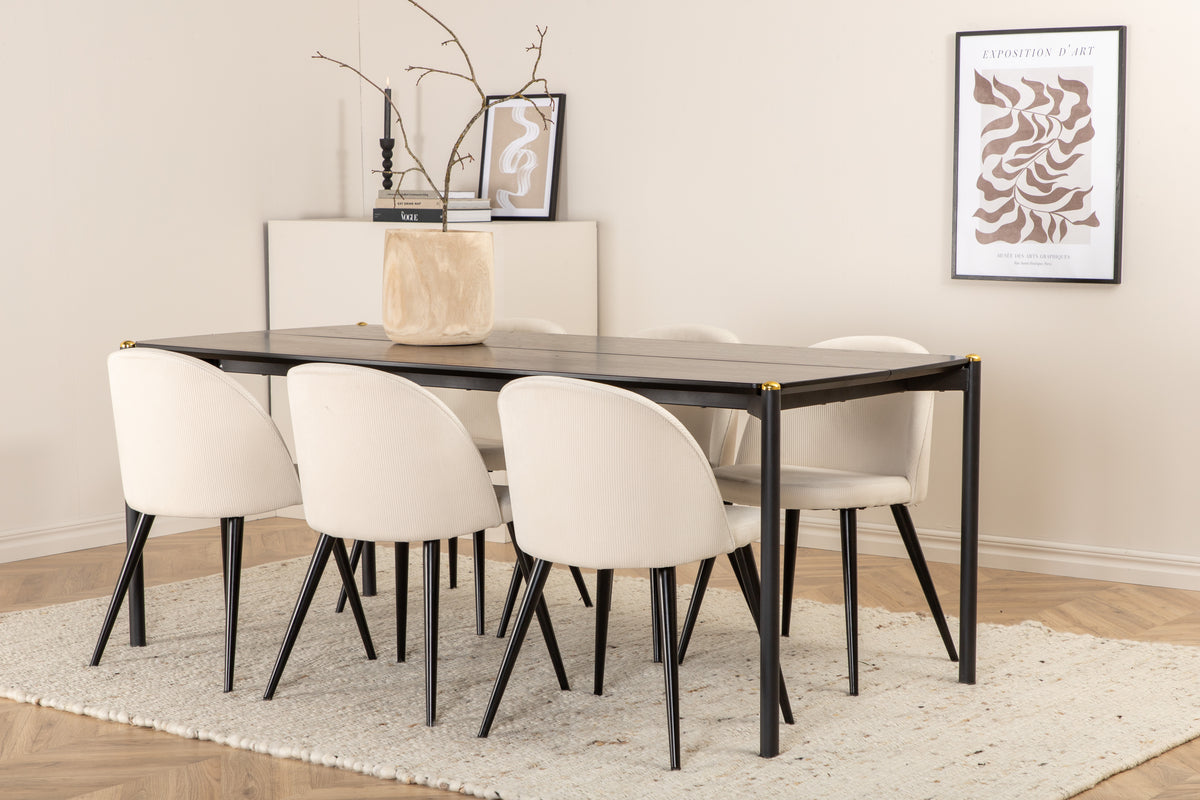 Venture Design Pelle & Velvet Rektangulära Matbord 190 x 90 Svart + Matstolar 2-pack Grädde