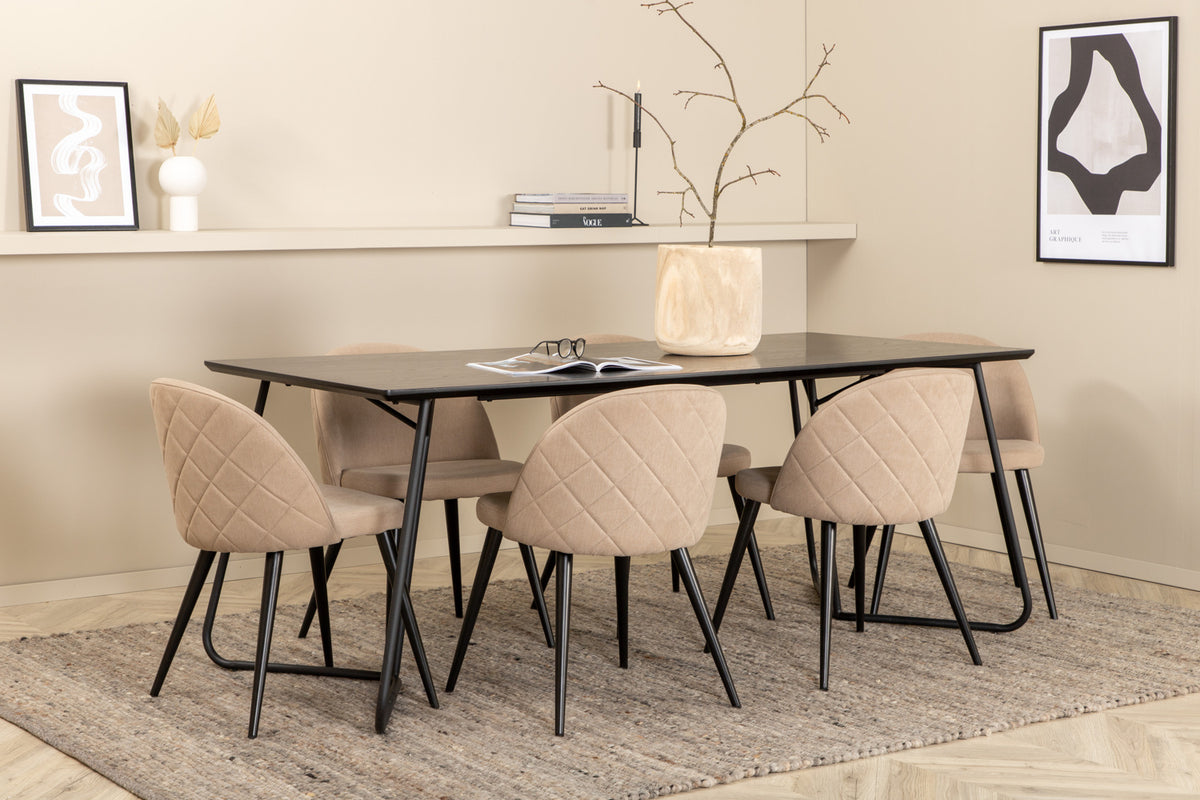 Venture Design Petra & Velvet Rektangulära Matbord 190 x 90 Svart + Matstolar 2-pack Beige