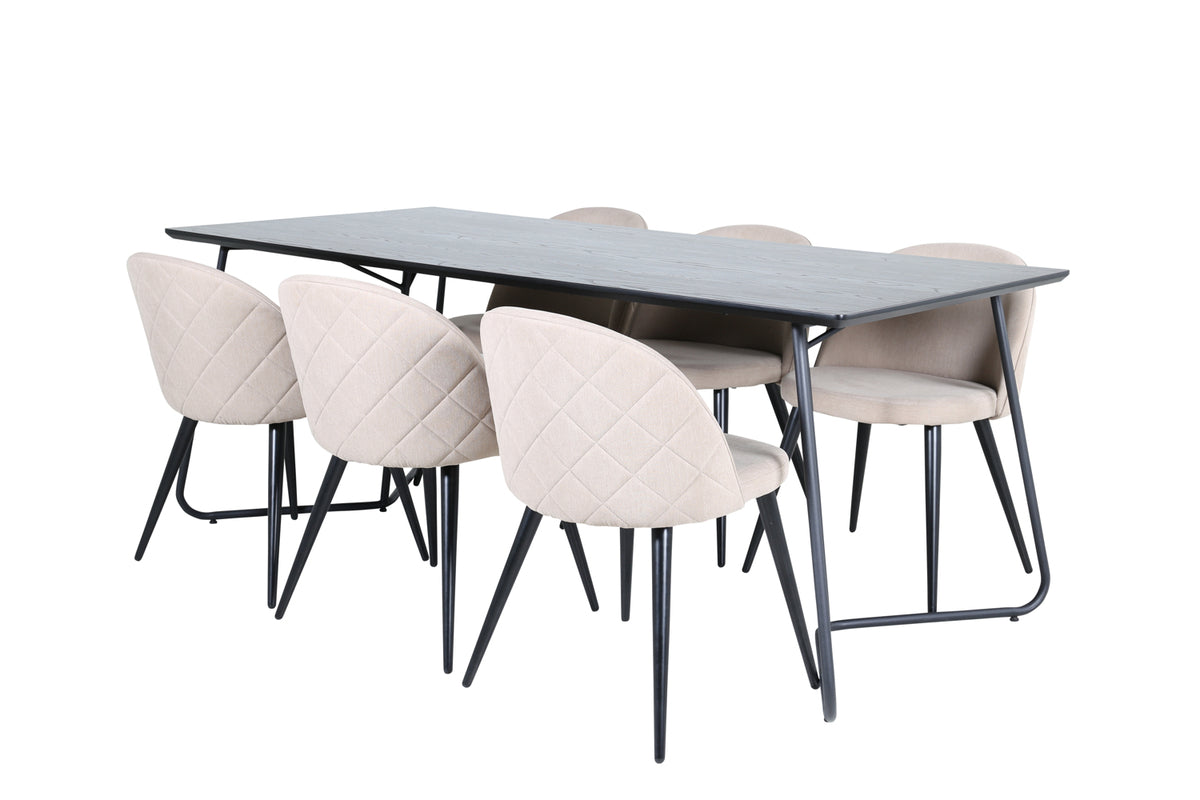 Venture Design Petra & Velvet Rektangulära Matbord 190 x 90 Svart + Matstolar 2-pack Beige