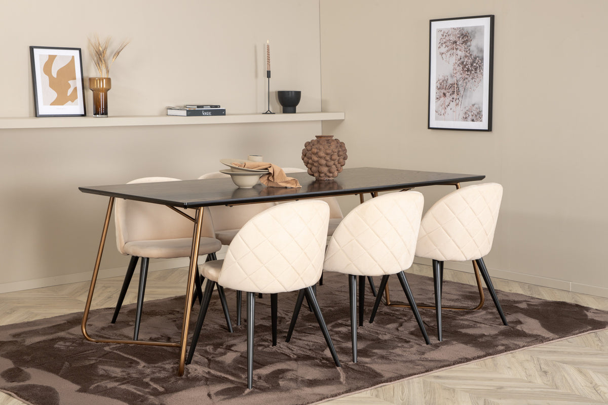 Venture Design Petra & Velvet Rektangulära Matbord 190 x 90 Svart + Matstolar 2-pack Beige