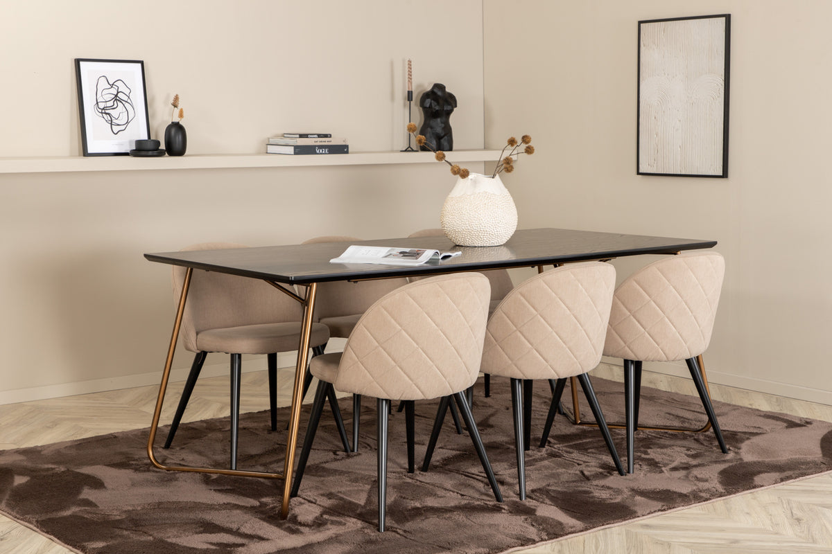 Venture Design Petra & Velvet Rektangulära Matbord 190 x 90 Svart + Matstolar 2-pack Beige